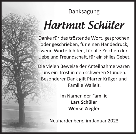 Traueranzeige von Hartmut Schüler von Märkische Oderzeitung