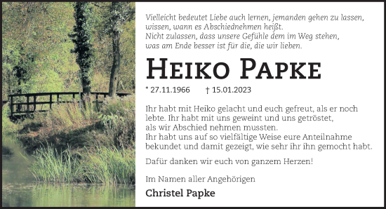 Traueranzeige von Heiko Papke von Märkische Oderzeitung