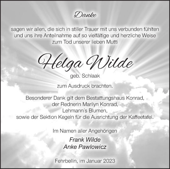 Traueranzeige von Helga Wilde von Märkische Oderzeitung