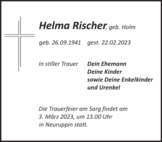 Traueranzeige von Helma Rischer von Märkische Oderzeitung