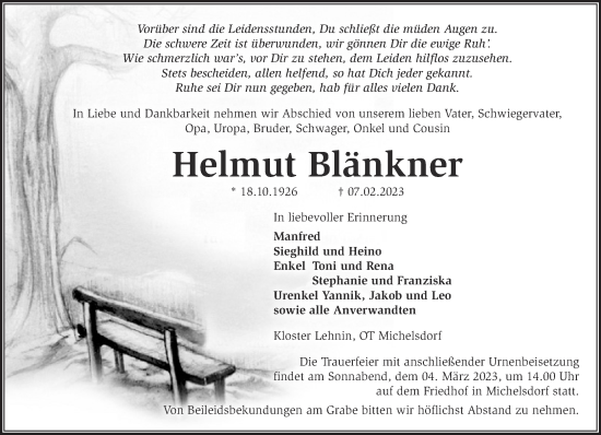 Traueranzeige von Helmut Blänkner von Märkische Oderzeitung