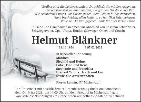 Traueranzeige von Helmut Blänkner von Märkische Oderzeitung