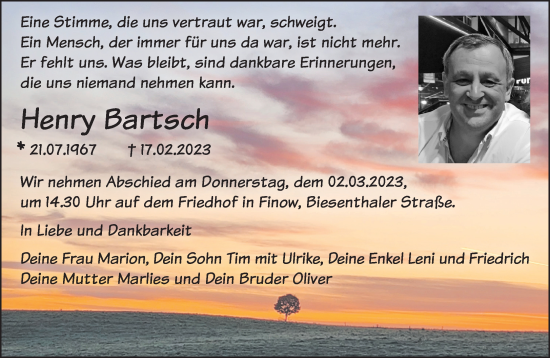 Traueranzeige von Henry Bartsch von Märkische Oderzeitung