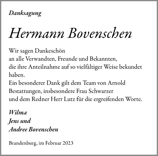 Traueranzeige von Hermann Bovenschen von Märkische Oderzeitung