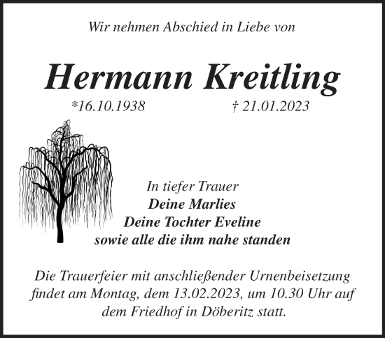 Traueranzeige von Hermann Kreitling von Märkische Oderzeitung