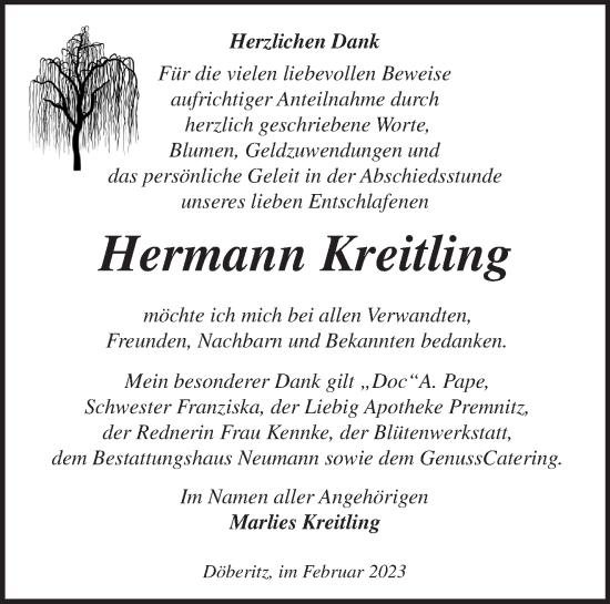 Traueranzeige von Hermann Kreitling von Märkische Oderzeitung