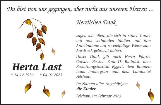 Traueranzeige von Herta Last von Märkische Oderzeitung