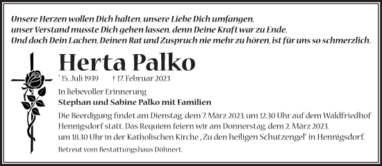 Traueranzeige von Herta Palko von Märkische Oderzeitung