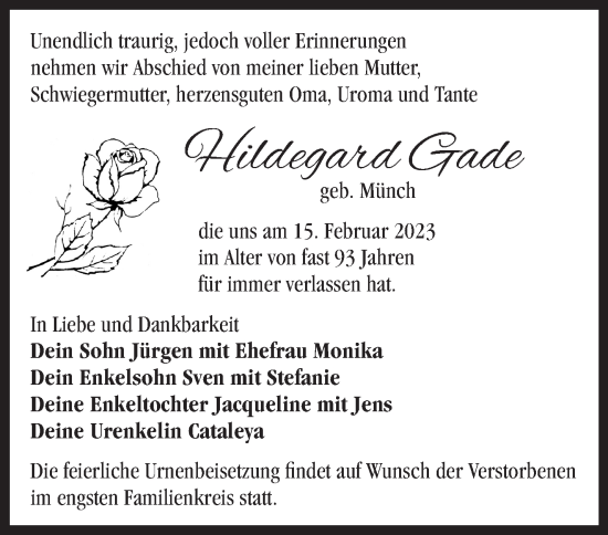 Traueranzeige von Hildegard Gade von Märkische Oderzeitung