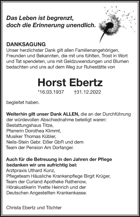 Traueranzeige von Horst Ebertz von Märkische Oderzeitung