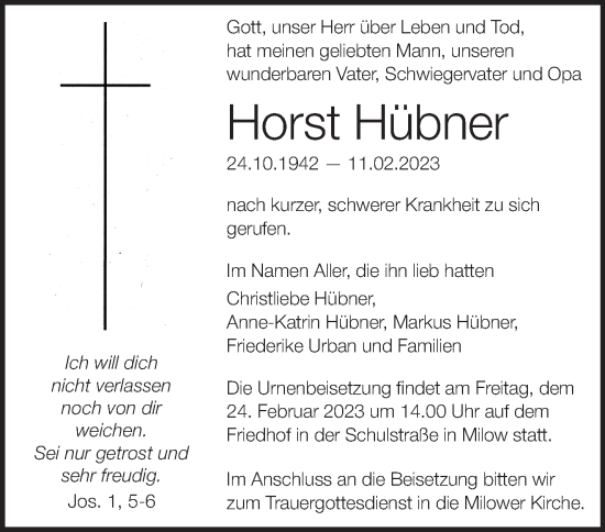 Traueranzeige von Horst Hübner von Märkische Oderzeitung