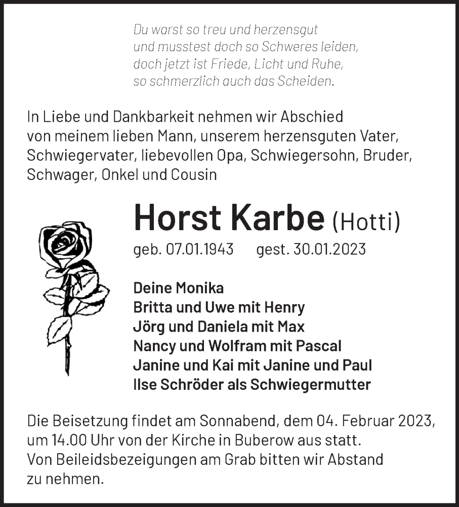  Traueranzeige für Horst Karbe vom 01.02.2023 aus Märkische Oderzeitung