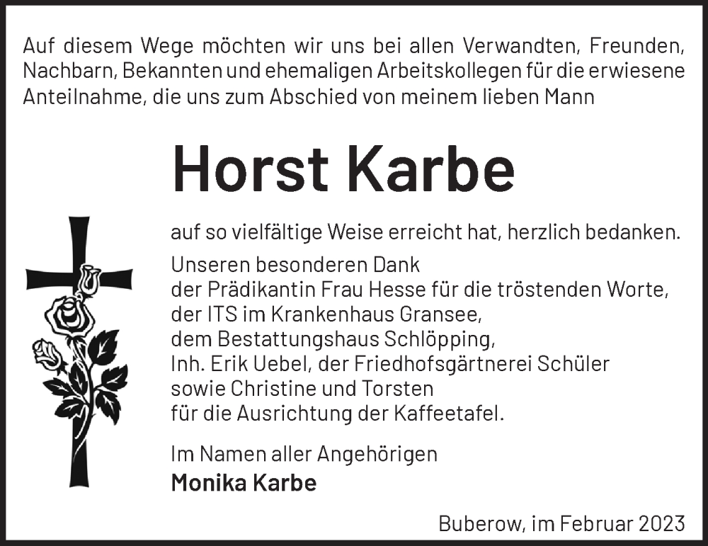  Traueranzeige für Horst Karbe vom 11.02.2023 aus Märkische Oderzeitung