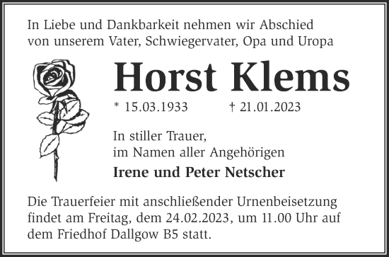 Traueranzeige von Horst Klems von Märkische Oderzeitung