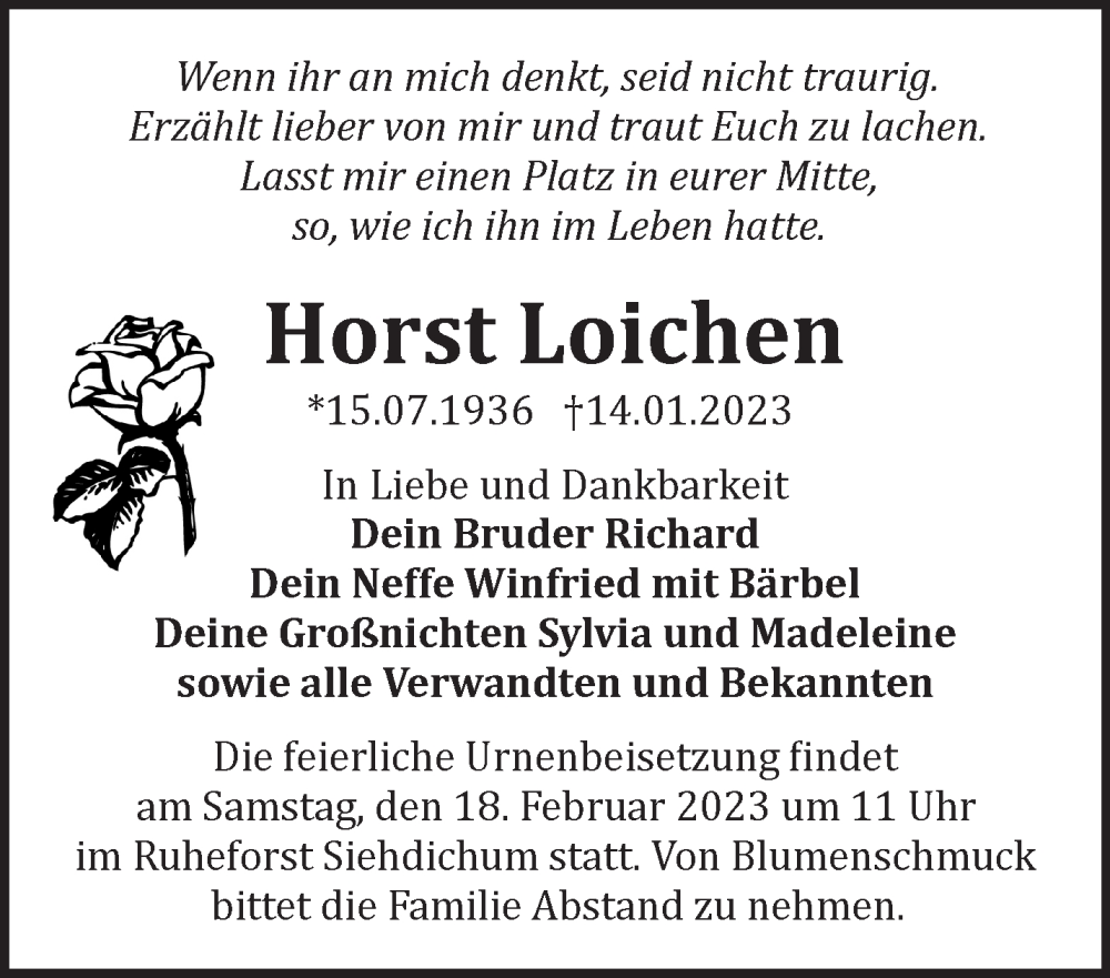  Traueranzeige für Horst Loichen vom 12.02.2023 aus Märkische Oderzeitung