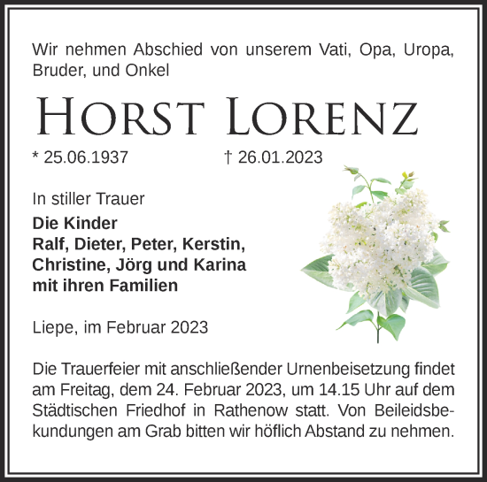 Traueranzeige von Horst Lorenz von Märkische Oderzeitung