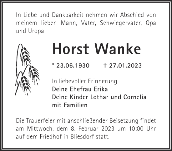 Anzeige Horst Wanke