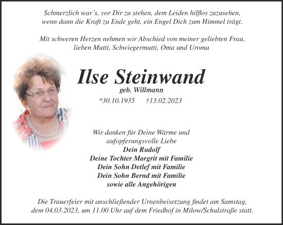 Traueranzeige von Ilse Steinwand von Märkische Oderzeitung