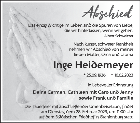 Traueranzeige von Inge Heidemeyer von Märkische Oderzeitung