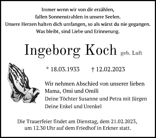 Traueranzeige von Ingeborg Koch von Märkische Oderzeitung