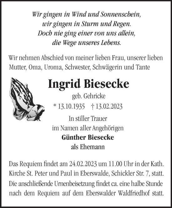 Traueranzeige von Ingrid Biesecke von Märkische Oderzeitung