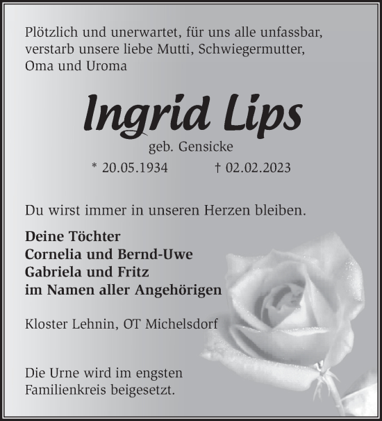 Traueranzeige von Ingrid Lips von Märkische Oderzeitung