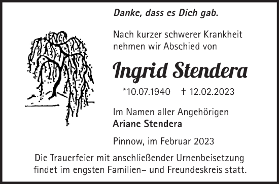 Traueranzeige von Ingrid Stendera von Märkische Oderzeitung