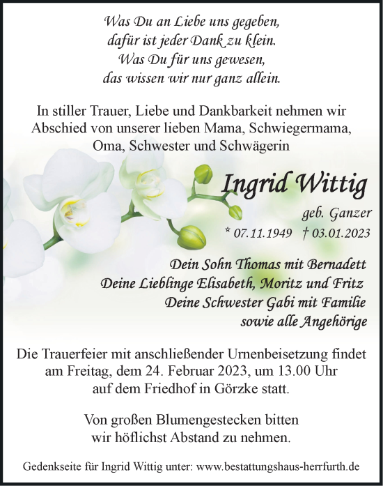 Traueranzeige von Ingrid Wittig von Märkische Oderzeitung