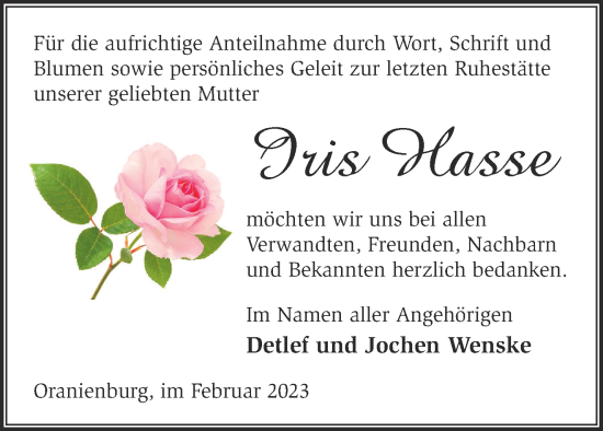 Traueranzeige von Iris Hasse von Märkische Oderzeitung