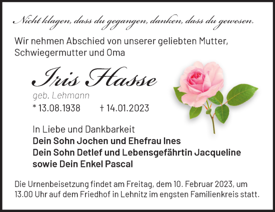 Traueranzeige von Iris Hasse von Märkische Oderzeitung