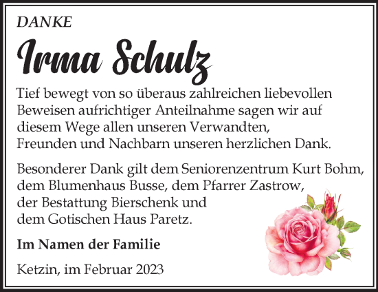 Traueranzeige von Irma Schulz von Märkische Oderzeitung