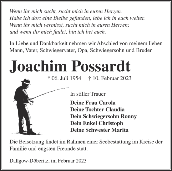 Traueranzeige von Joachim Possardt von Märkische Oderzeitung