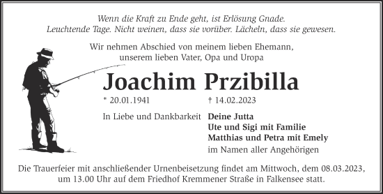 Traueranzeige von Joachim Przibilla von Märkische Oderzeitung