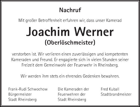 Traueranzeige von Joachim Werner von Märkische Oderzeitung