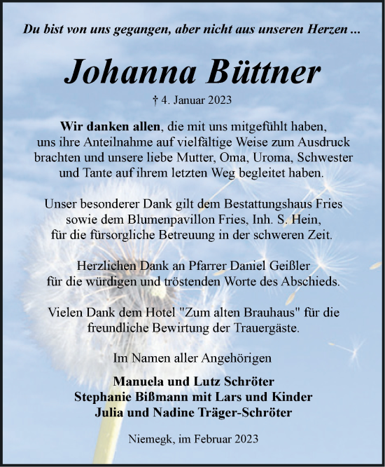 Traueranzeige von Johanna Büttner von Märkische Oderzeitung