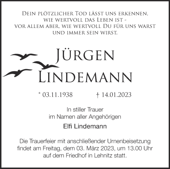 Traueranzeige von Jürgen Lindemann von Märkische Oderzeitung