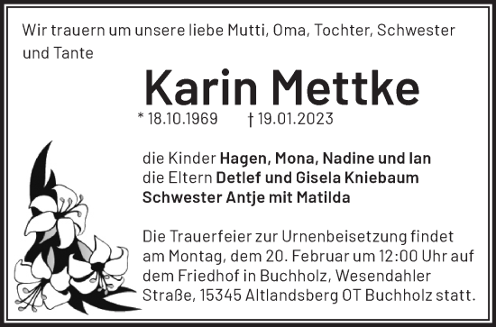 Traueranzeige von Karin Mettke von Märkische Oderzeitung