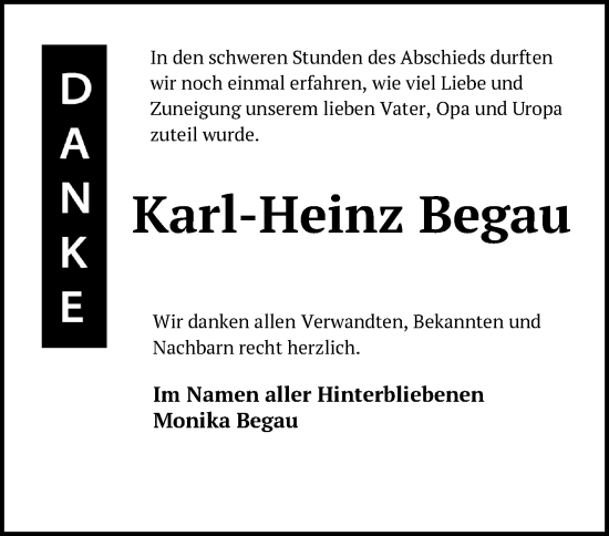 Traueranzeige von Karl-Heinz Begau von Märkische Oderzeitung