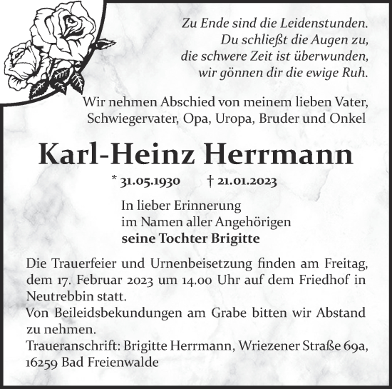 Traueranzeige von Karl-Heinz Herrmann von Märkische Oderzeitung