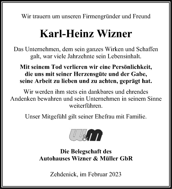Traueranzeige von Karl-Heinz Wizner von Märkische Oderzeitung