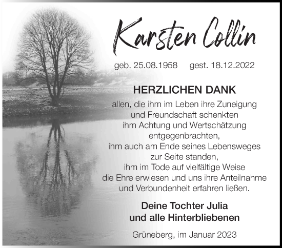 Traueranzeige von Karsten Collin von Märkische Oderzeitung