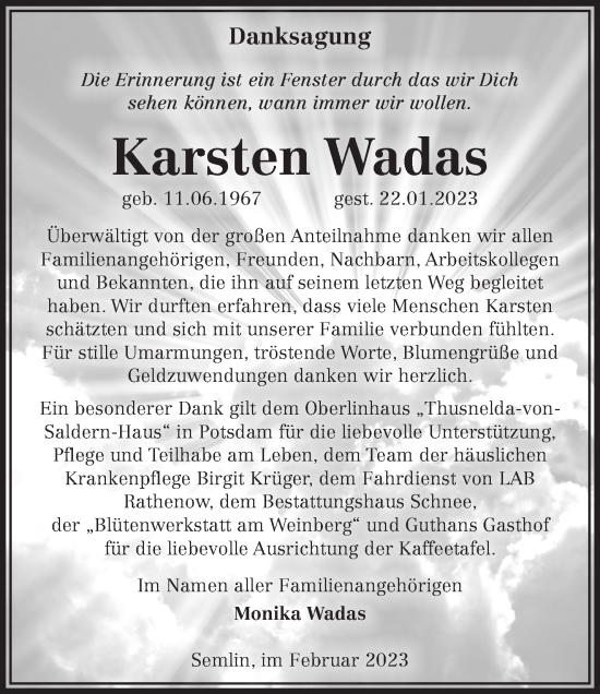 Traueranzeige von Karsten Wadas von Märkische Oderzeitung