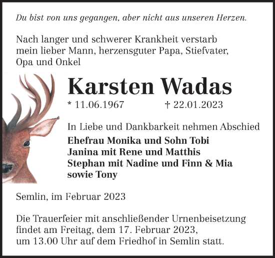 Traueranzeige von Karsten Wadas von Märkische Oderzeitung