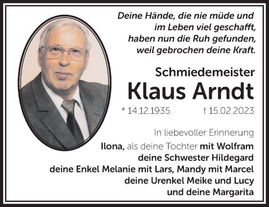 Traueranzeige von Klaus Arndt von Märkische Oderzeitung