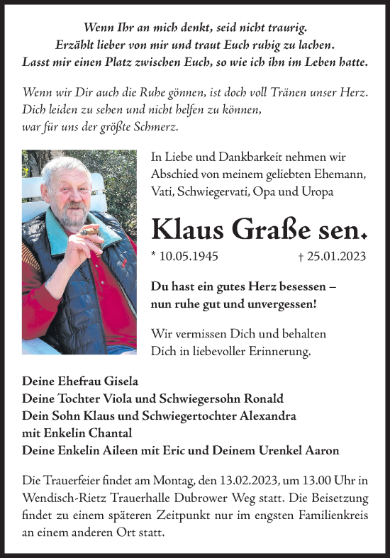 Traueranzeige von Klaus Graße von Märkische Oderzeitung