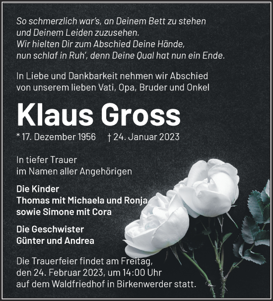 Traueranzeige von Klaus Gross von Märkische Oderzeitung