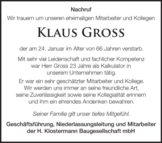 Traueranzeige von Klaus Gross von Märkische Oderzeitung