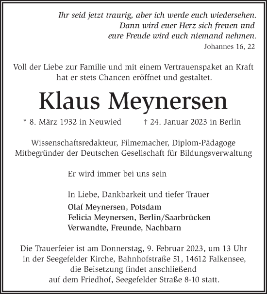 Traueranzeige von Klaus Meynersen von Märkische Oderzeitung