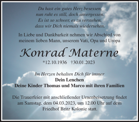 Traueranzeige von Konrad Materne von Märkische Oderzeitung