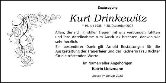 Traueranzeige von Kurt Drinkewitz von Märkische Oderzeitung